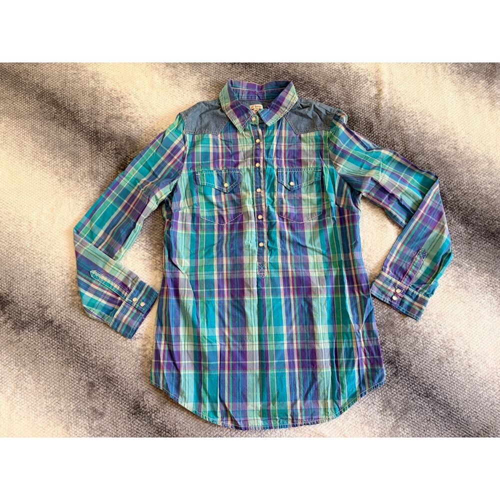 Hinge Plaid Western Shirt Blue Purple Green Denim Yoke Pearl Snap Size Medium